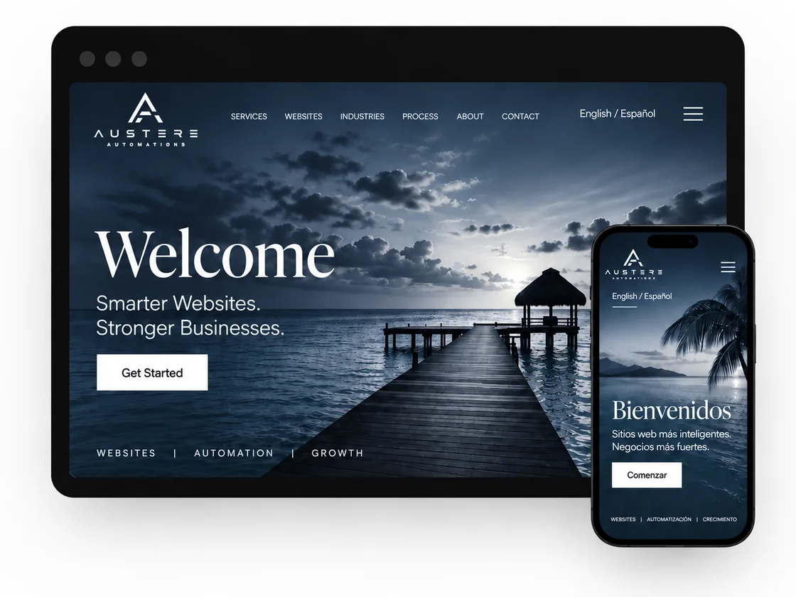 The Austere Automations website shown in English and Spanish on desktop and mobile