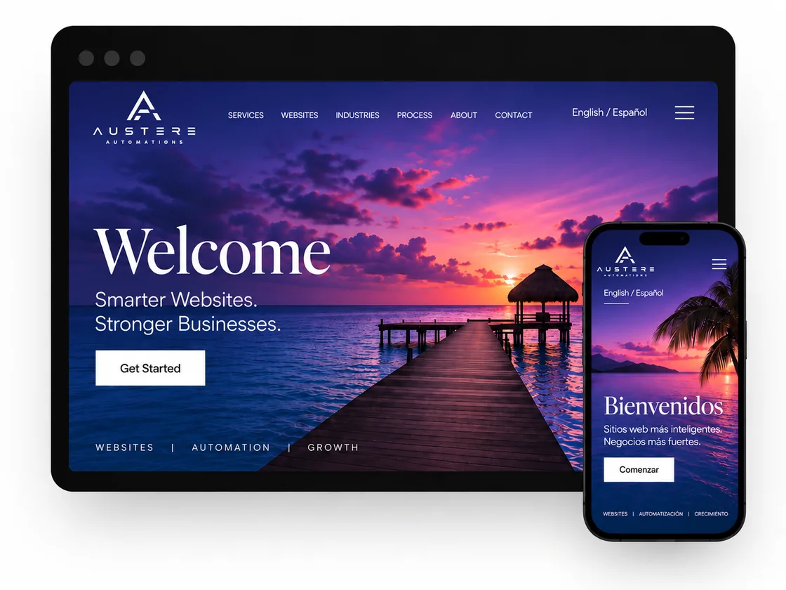 The Austere Automations website shown in English and Spanish on desktop and mobile
