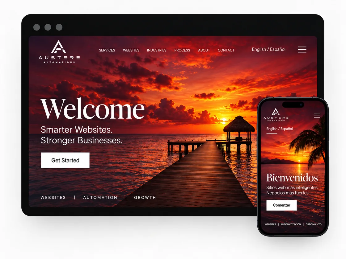 The Austere Automations website shown in English and Spanish on desktop and mobile
