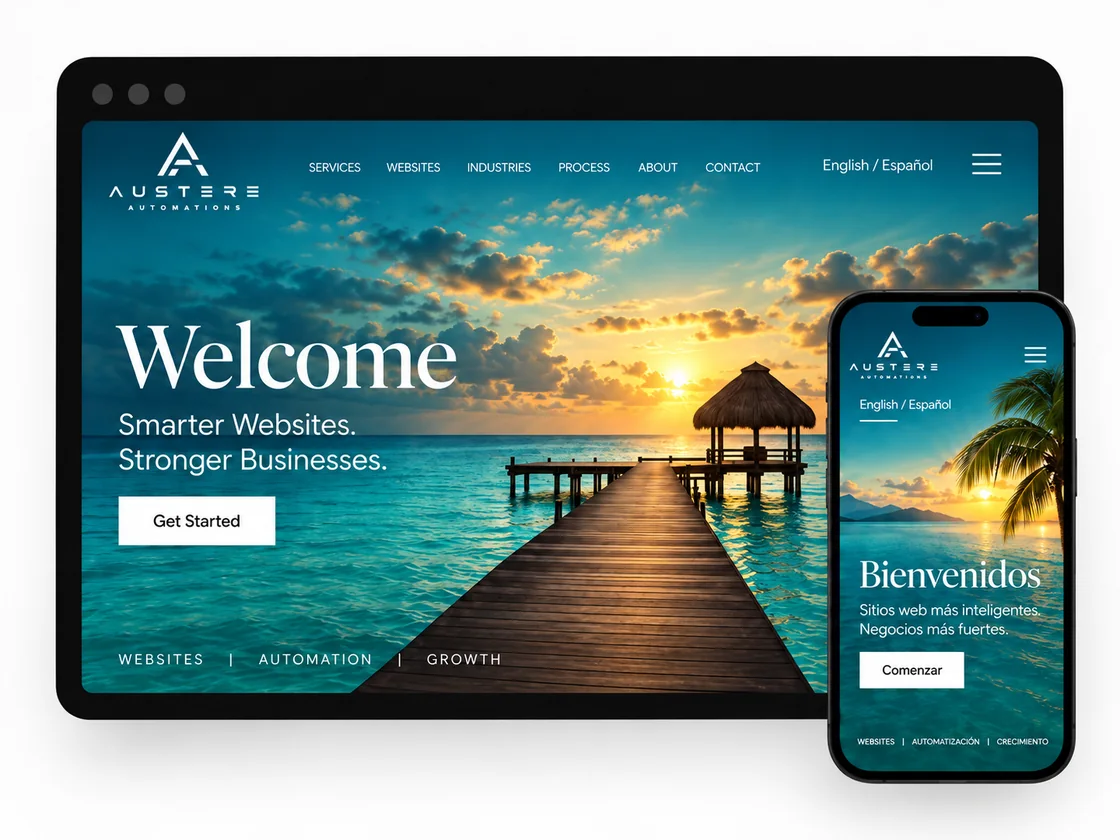 The Austere Automations website shown in English and Spanish on desktop and mobile