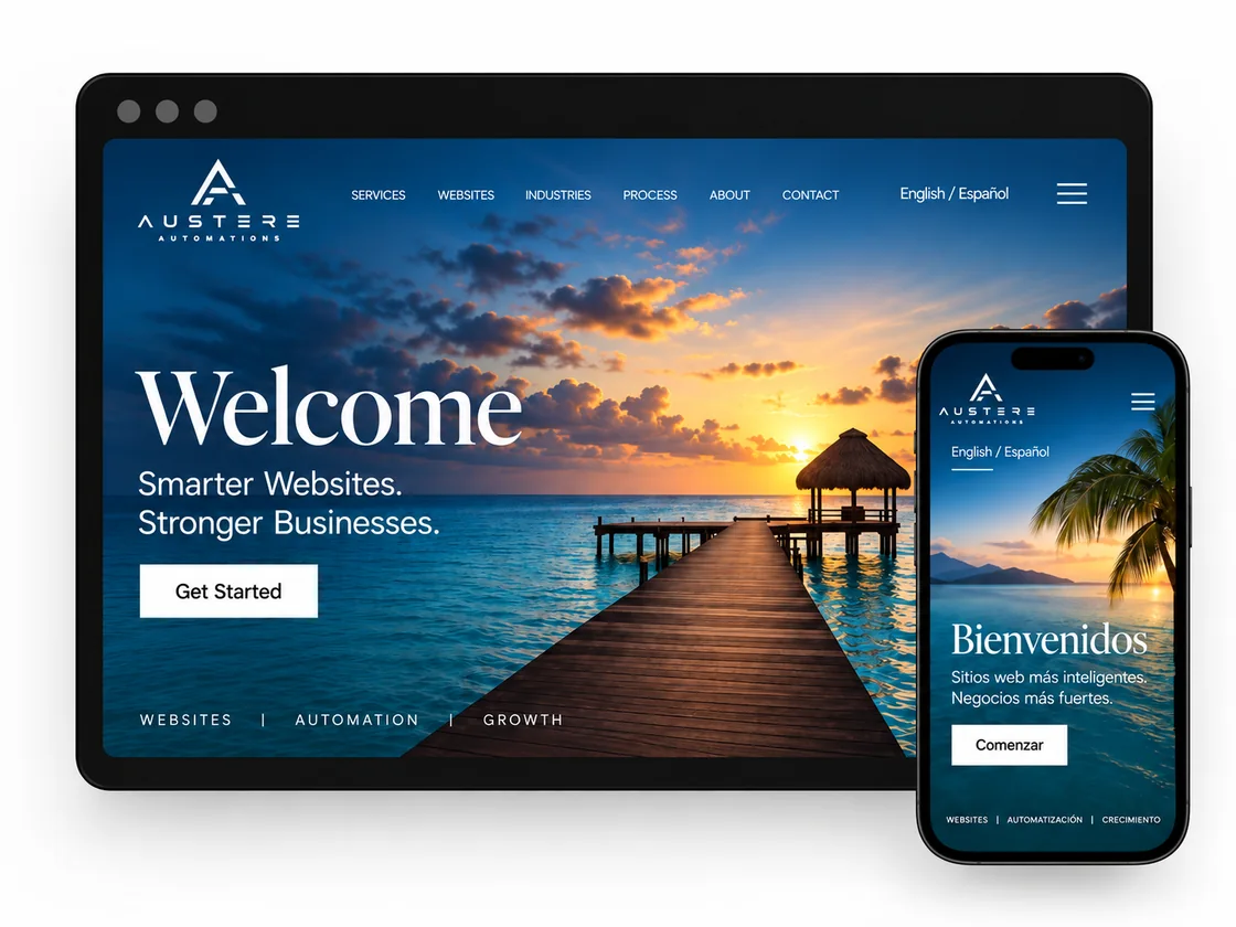 The Austere Automations website shown in English and Spanish on desktop and mobile
