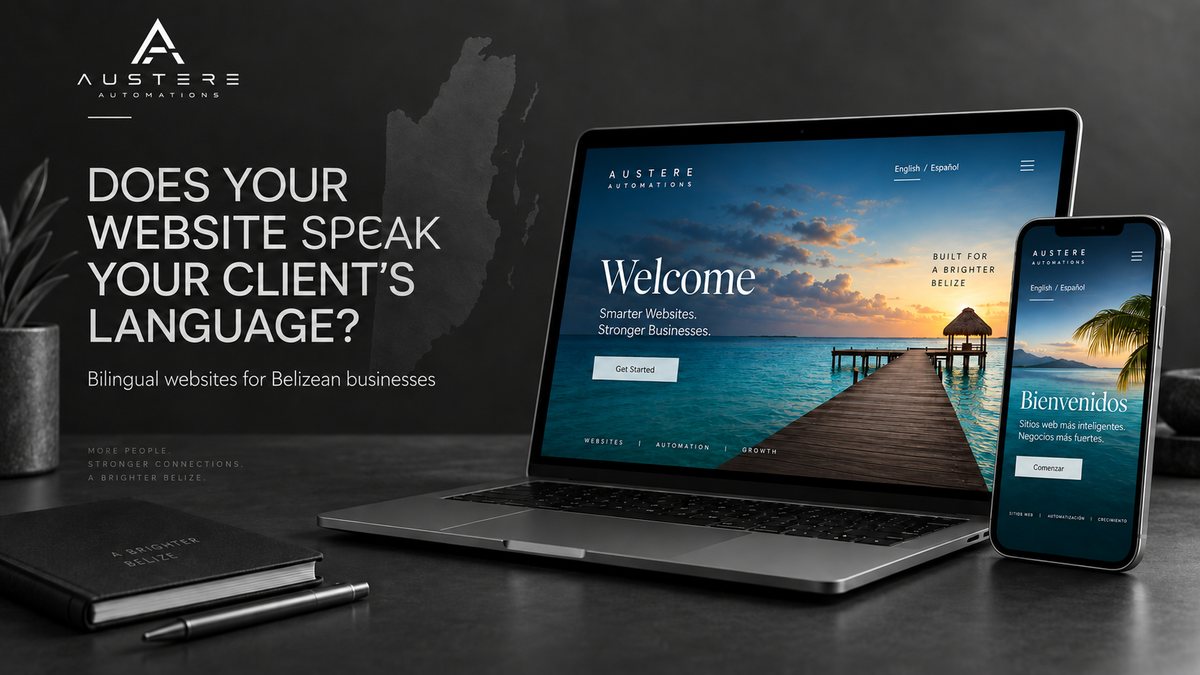 Laptop and phone displaying English and Spanish website concepts beside a silhouette of Belize.