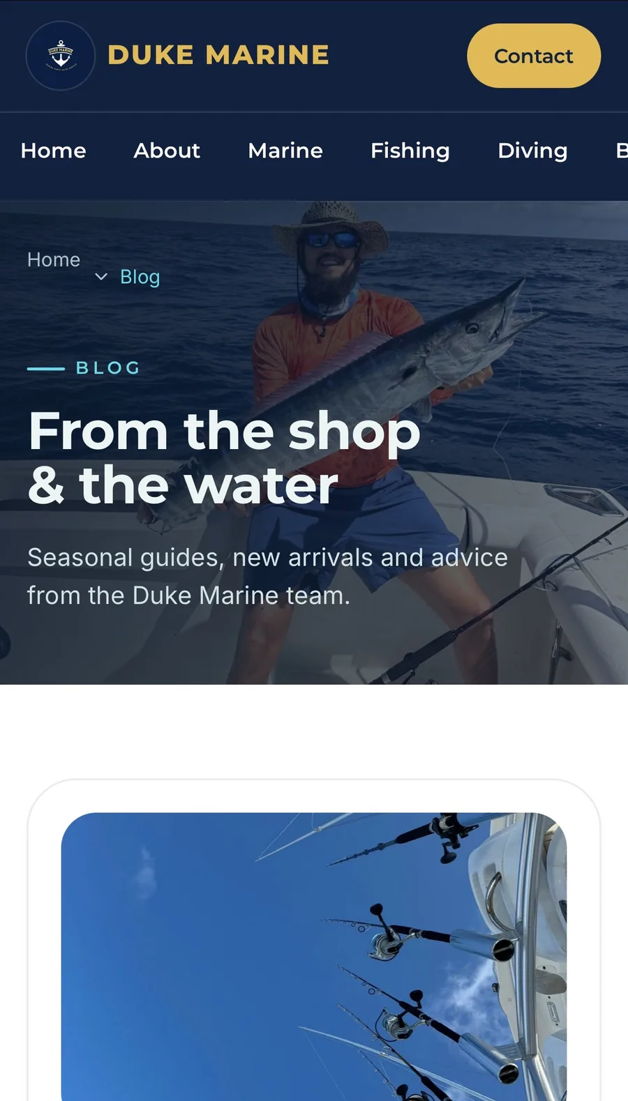 Duke Marine blog section shown on mobile