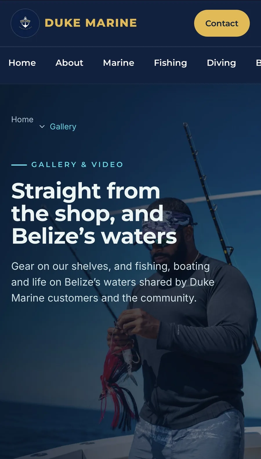 Duke Marine gallery and video section shown on mobile