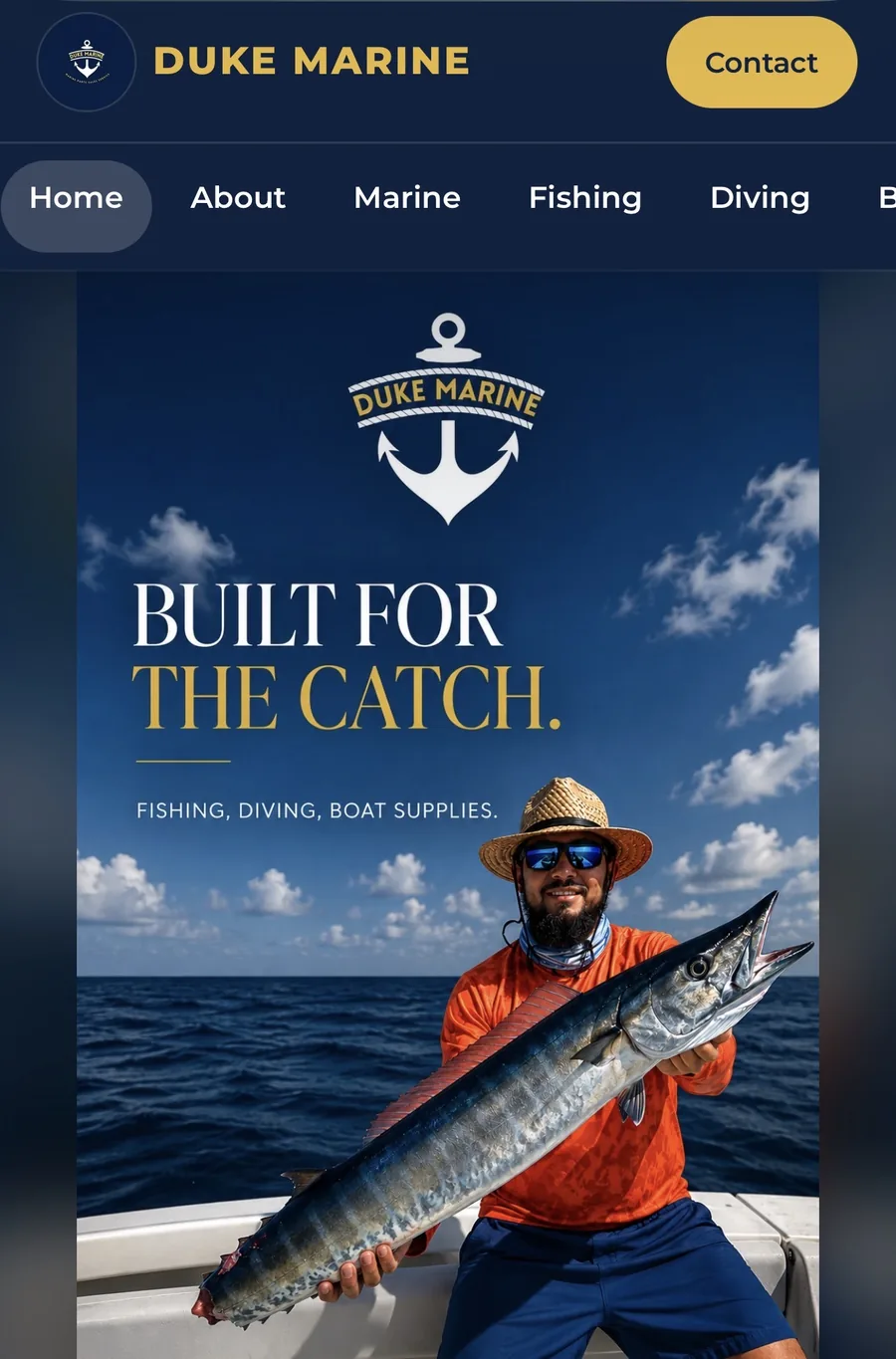 Duke Marine website shown on mobile with marine, fishing and diving navigation