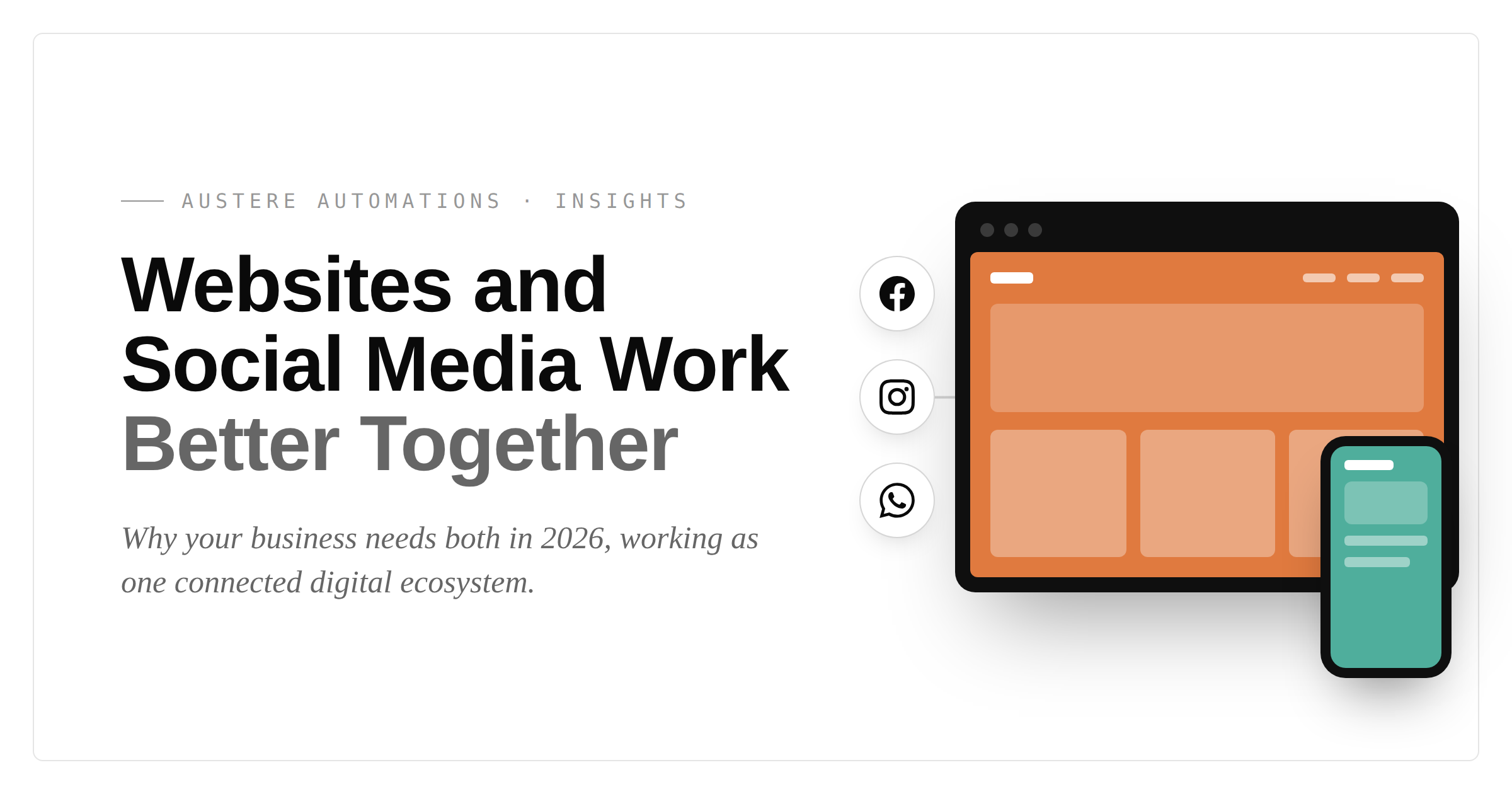 A website and social media platforms connected as one digital ecosystem, in the Austere Automations black and white style with colour shown only inside the website and phone screens