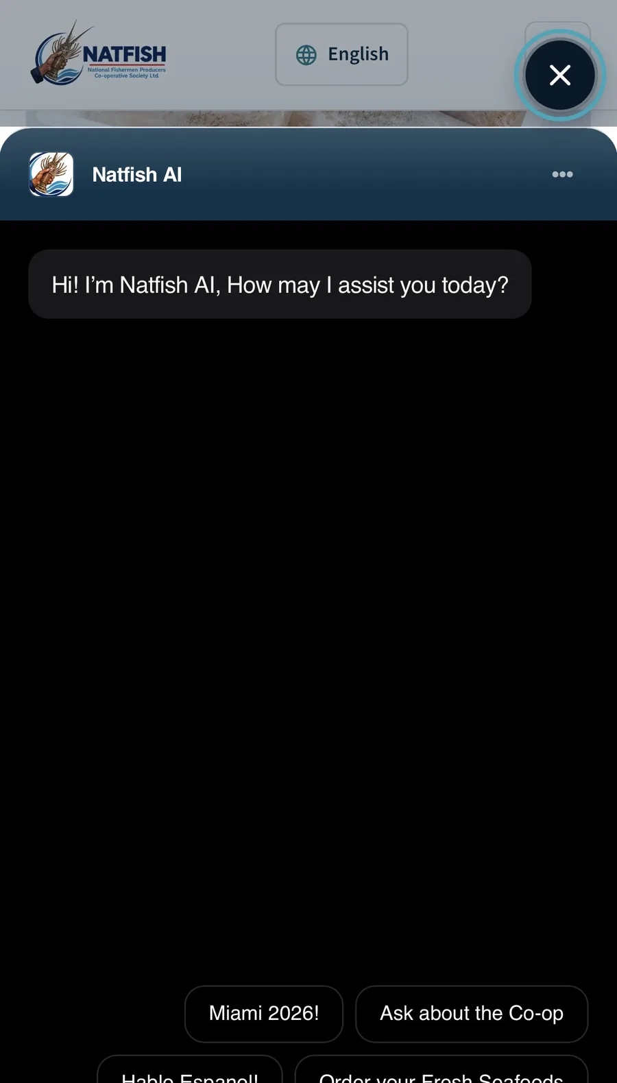 The NATFISH AI Employee interface shown on mobile with quick prompts