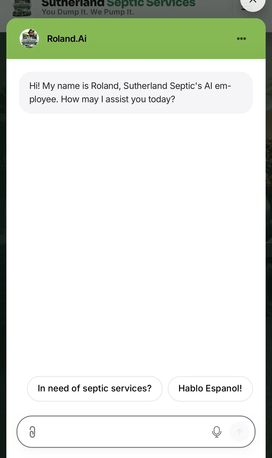 The Roland AI Employee interface shown on mobile, offering a Spanish pathway
