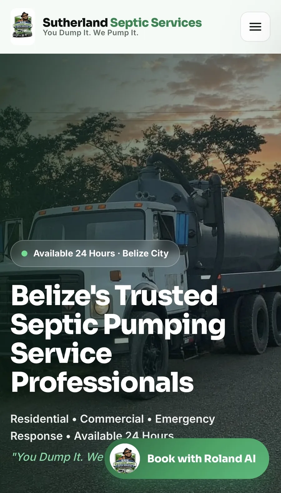 Sutherland Septic Services website shown on mobile with 24-hour positioning and the Book with Roland AI call to action