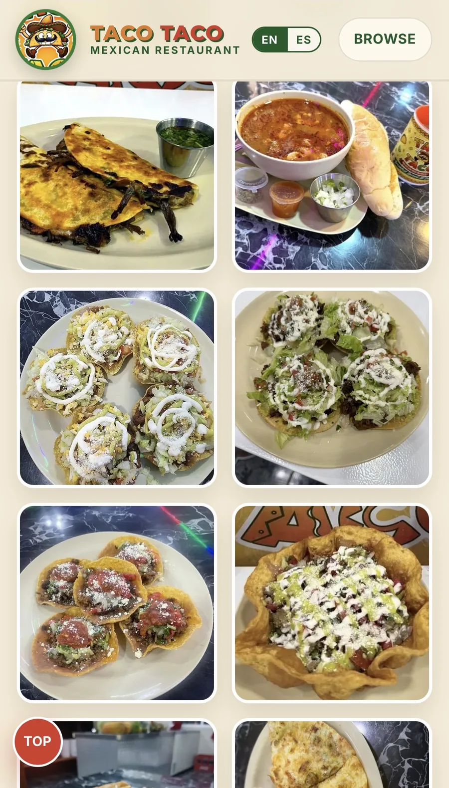 Taco Taco menu and food browsing displayed on mobile