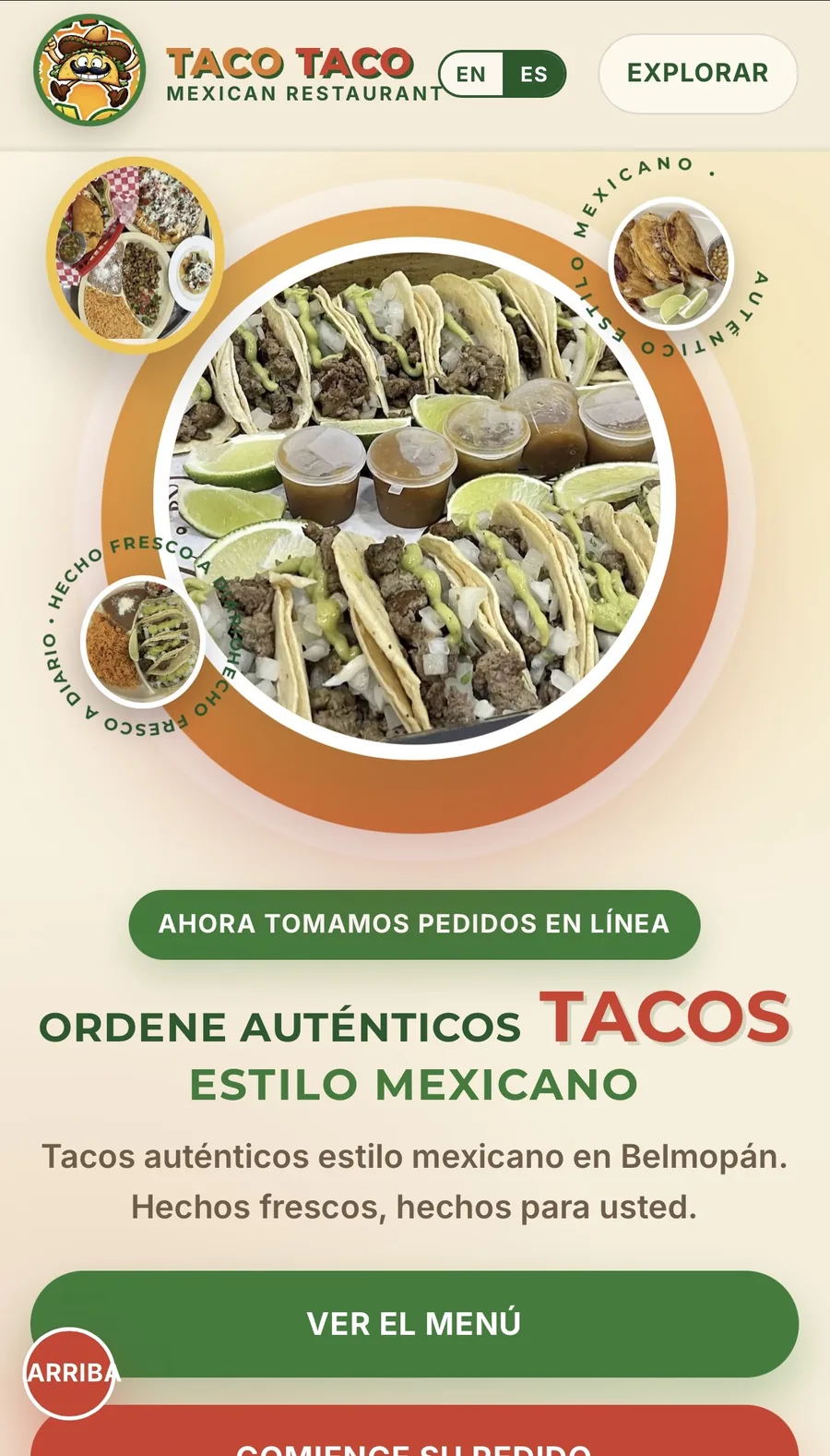 Taco Taco website displayed in Spanish on mobile