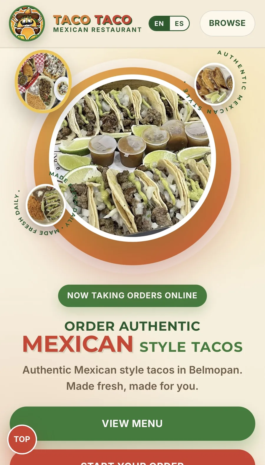 Taco Taco restaurant website shown on mobile, with the English and Spanish toggle and online ordering